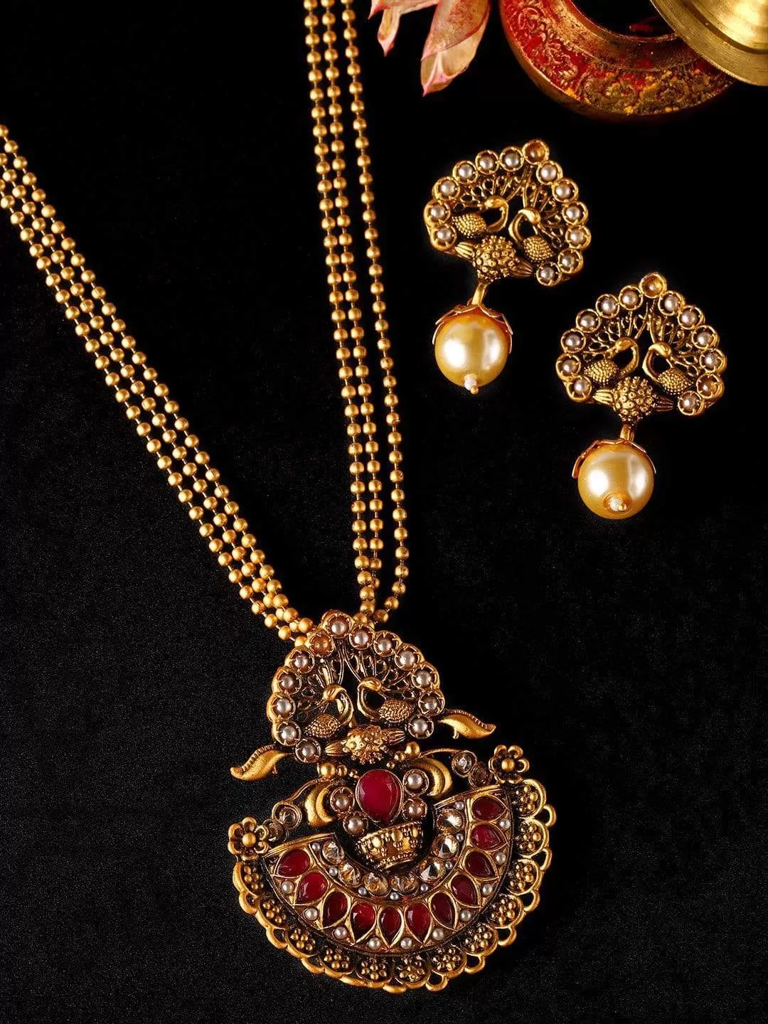 Rubans  Gold Toned Faux Ruby Necklace Set