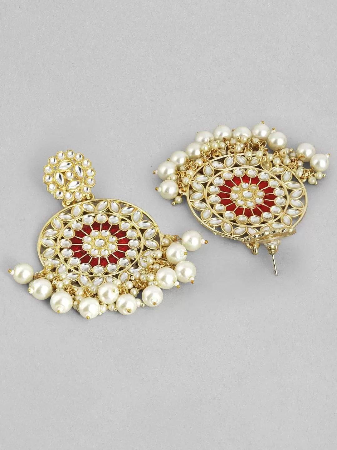 Rubans Red Gold-Plated Kundan Studded  Beaded Handcrafted Drop Earrings