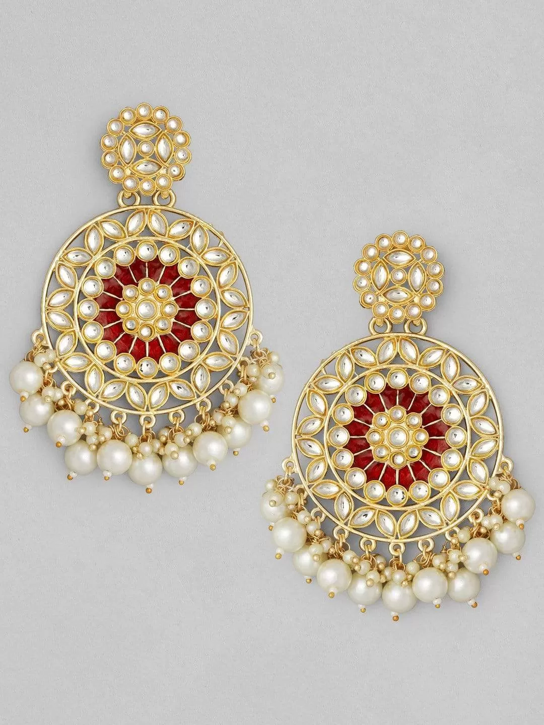 Rubans Red Gold-Plated Kundan Studded  Beaded Handcrafted Drop Earrings