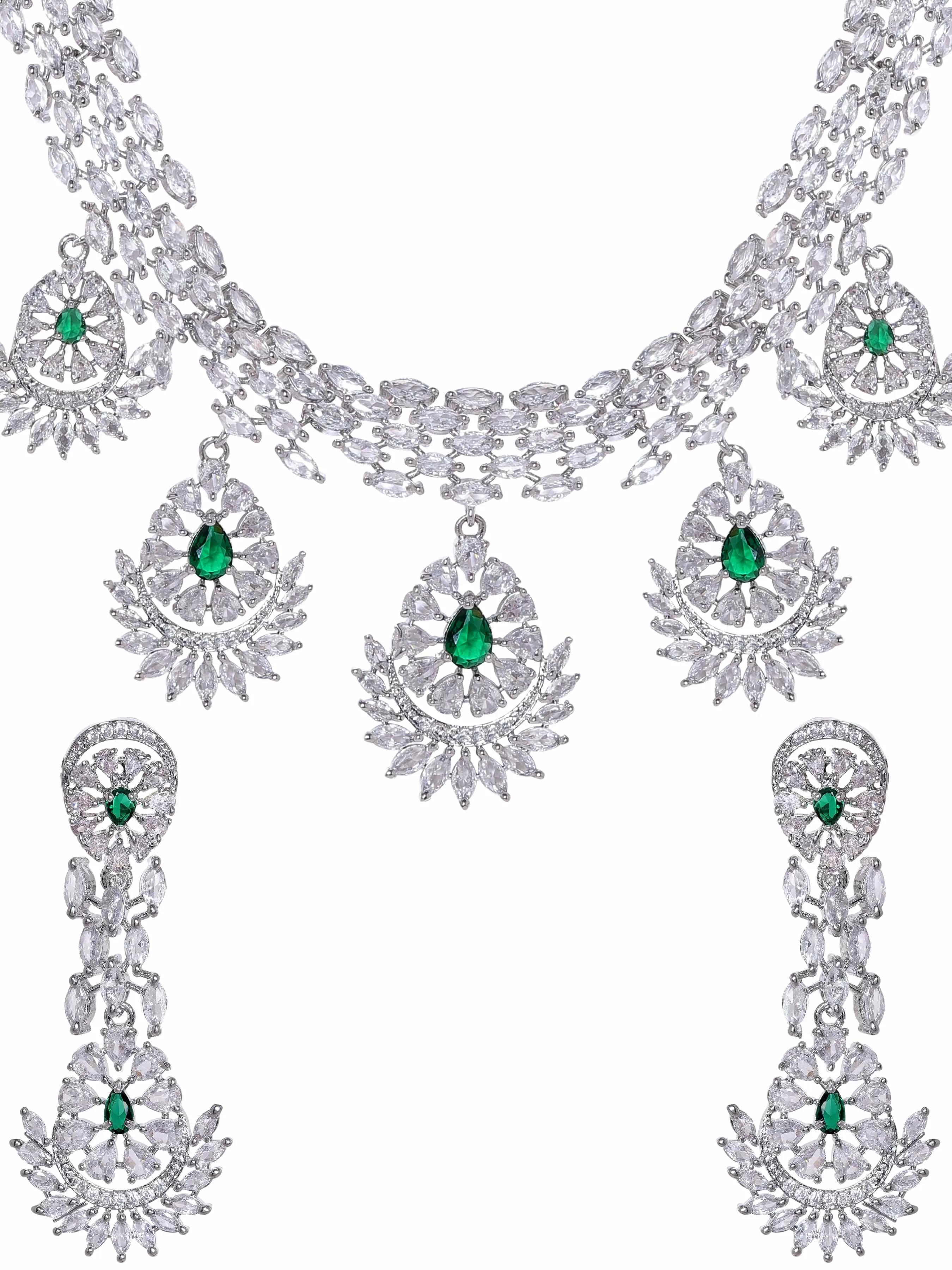 Rubans Rhodium plated Zirconia studded Statement Drop Detail Choker Necklace Set