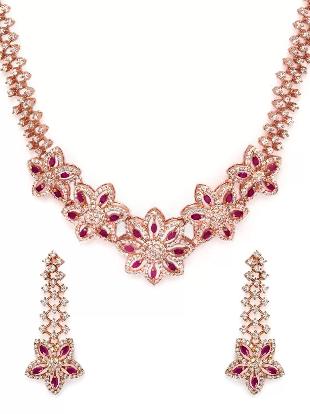 Rubans Rose Gold Plated Pleasing CZ Studded Statement Floral Necklace Set