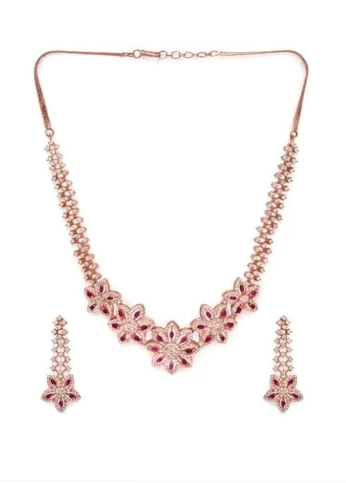 Rubans Rose Gold Plated Pleasing CZ Studded Statement Floral Necklace Set