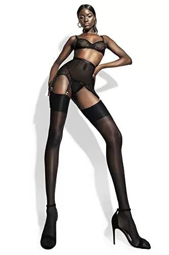 sofsy Women Sheer Thigh High Stockings | Garter Belt Pantyhose | 15 Den [Made in Italy] (Garter Belt Not Included) - Black - Plus Size XXL