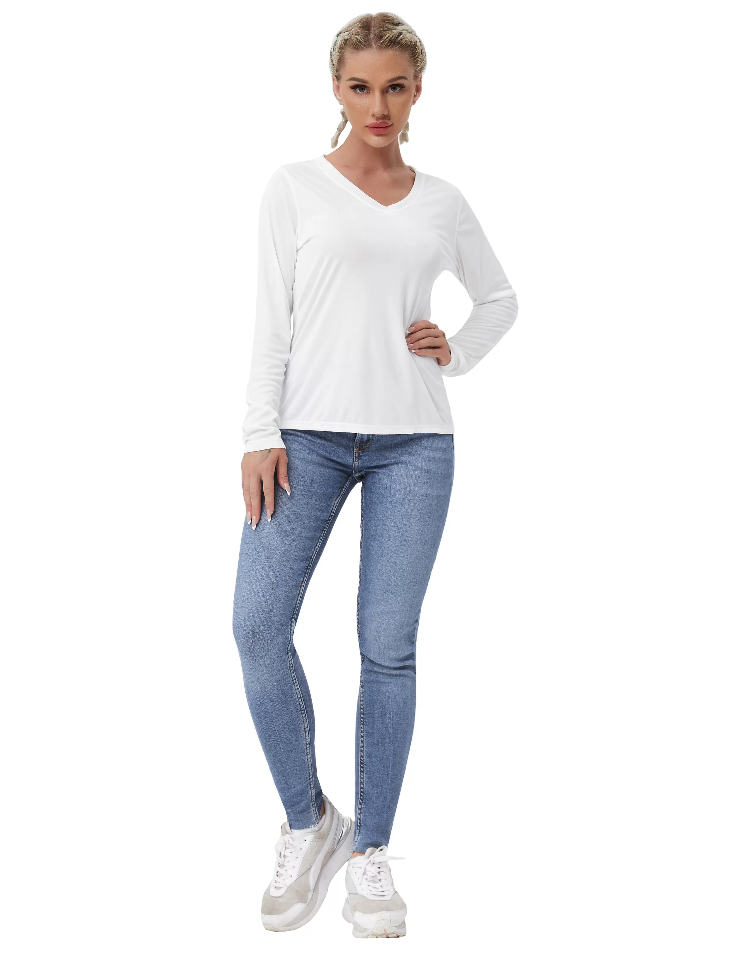 V Neck Long Sleeve Athletic Shirts white