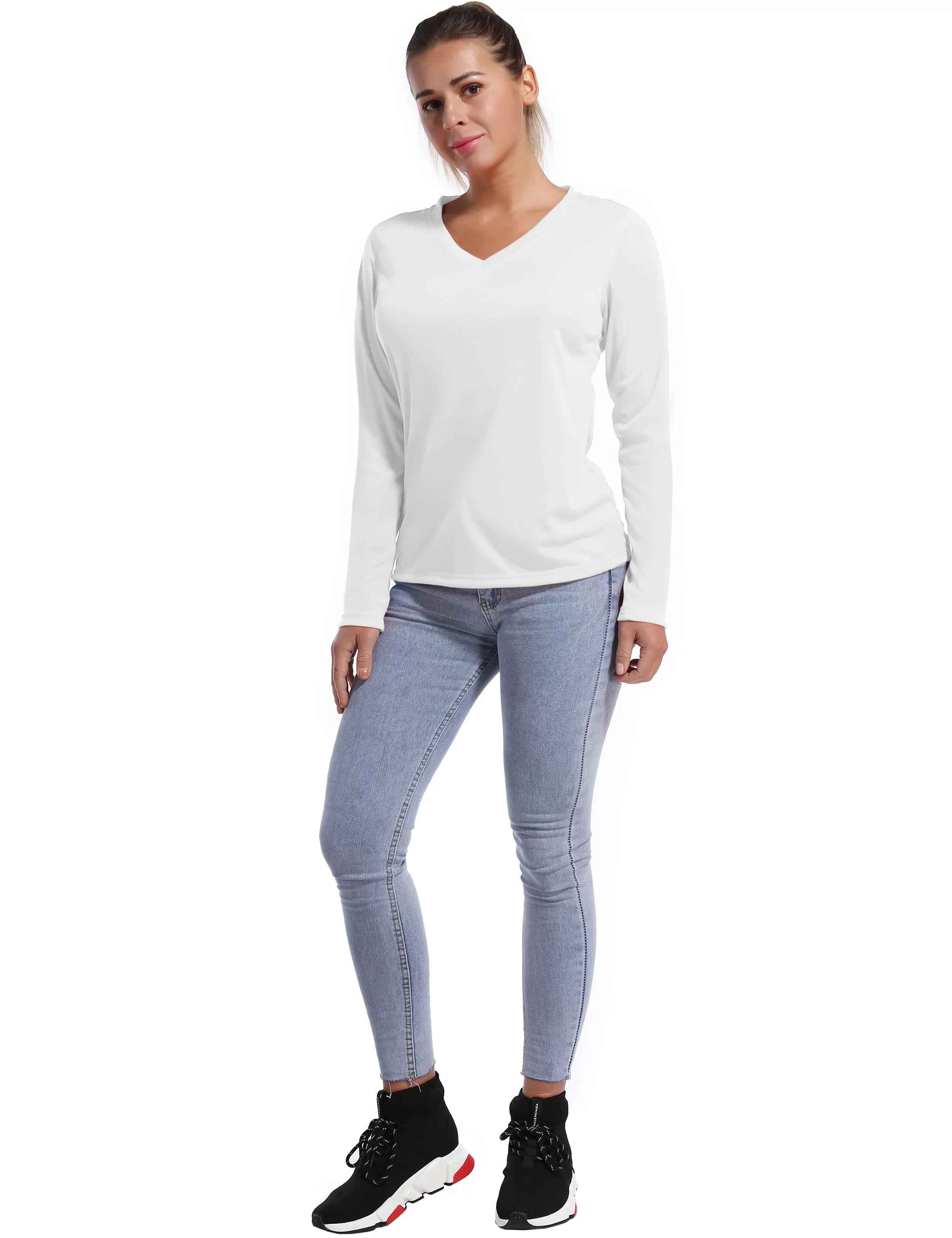 V Neck Long Sleeve Athletic Shirts white