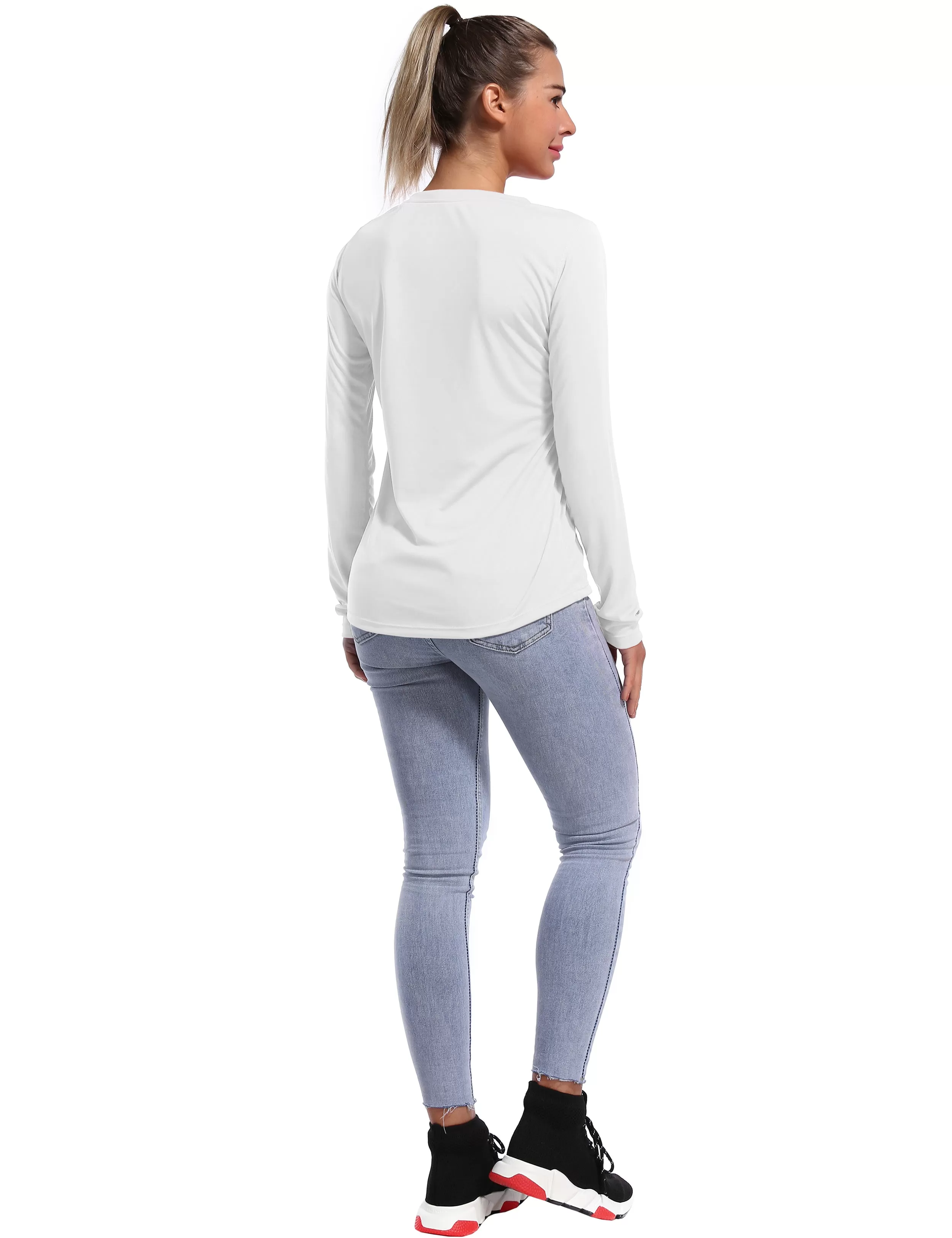 V Neck Long Sleeve Athletic Shirts white