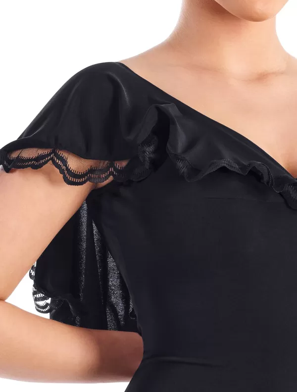 Victoria Blitz Taormina Black Ballroom Practice Dress with V-Neck and Back with a Frilled Layer and Lace Trim and Side Slit in Skirt PRA 748 in Stock