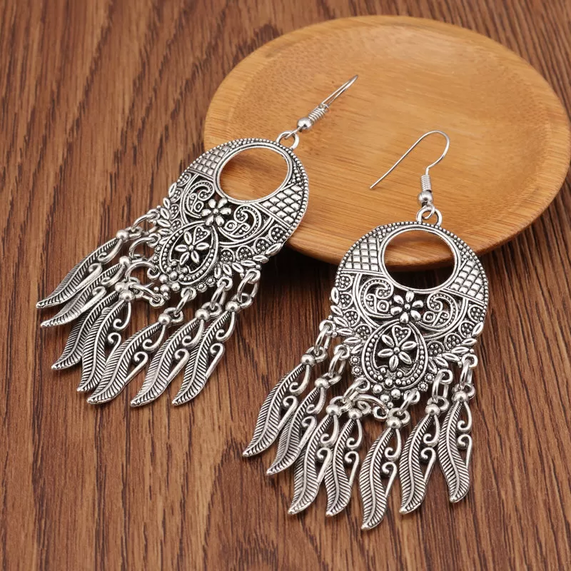 Vintage Silver Carved Leaves Tassel Drop Earrings