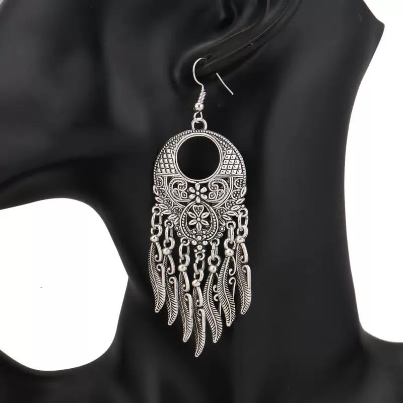 Vintage Silver Carved Leaves Tassel Drop Earrings