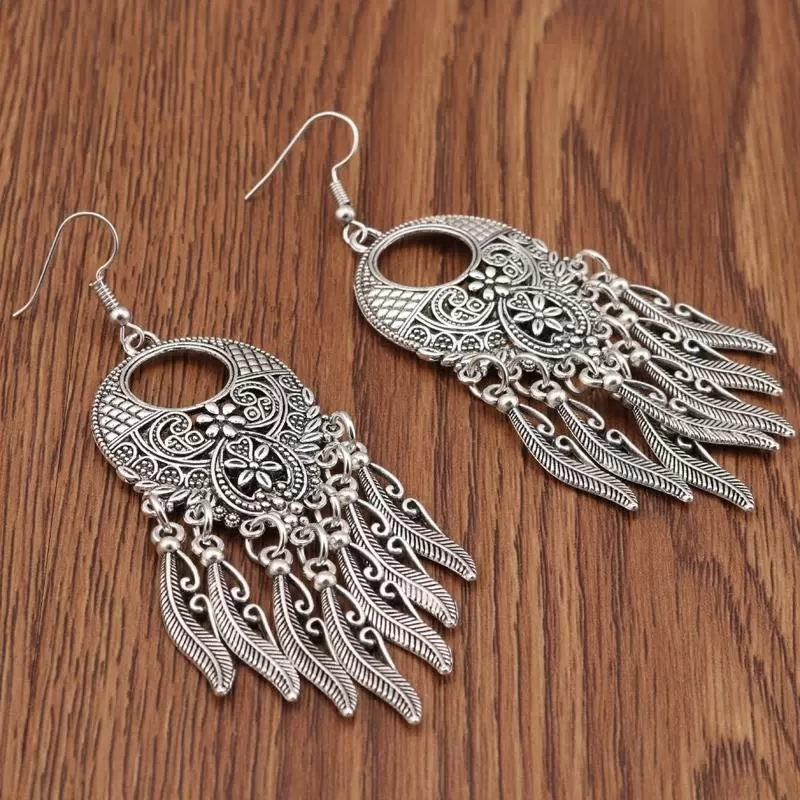 Vintage Silver Carved Leaves Tassel Drop Earrings