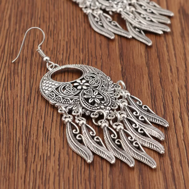 Vintage Silver Carved Leaves Tassel Drop Earrings