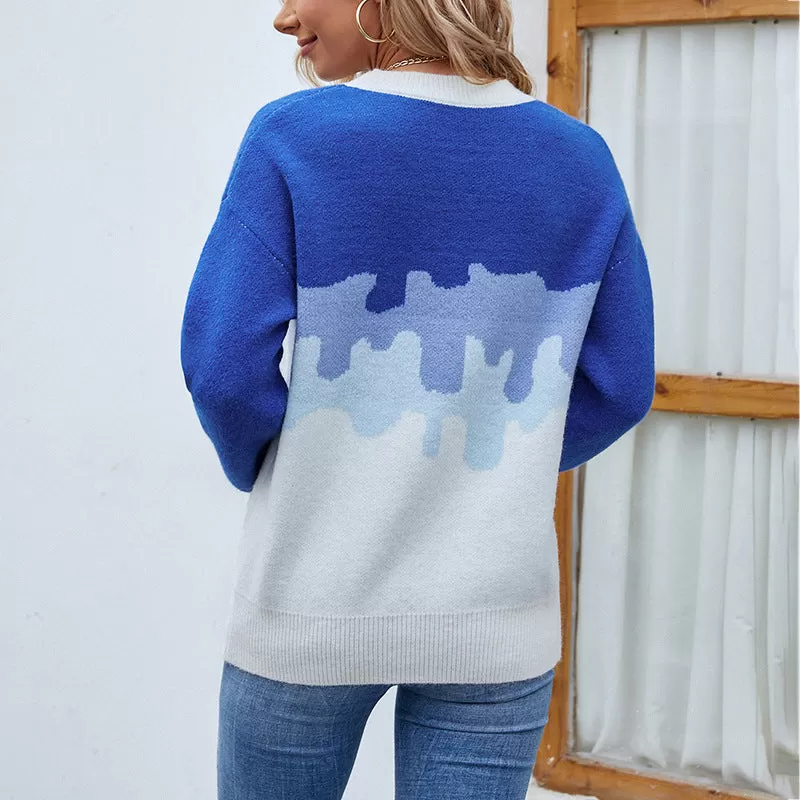 Women Sweaters Kniting Round Bows Pullover Bicolor Lantern Sleeves