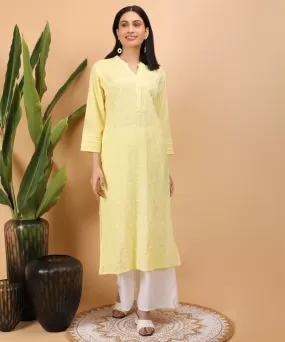 Yellow hand embroidery cotton chikankari kurti